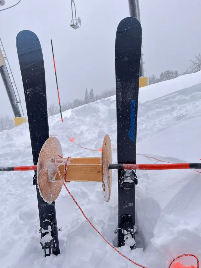 Toboggan handles and skis in the snow