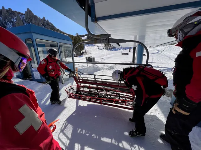 Patrollers beside a lift with rescue equipment