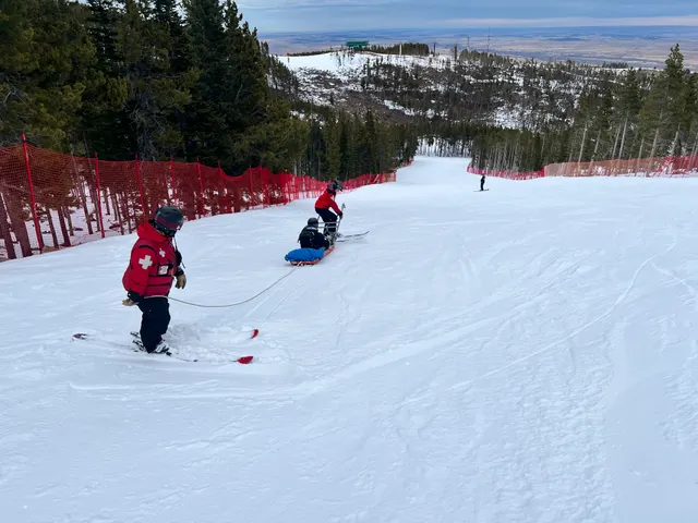 Patrollers descending near a snow fence